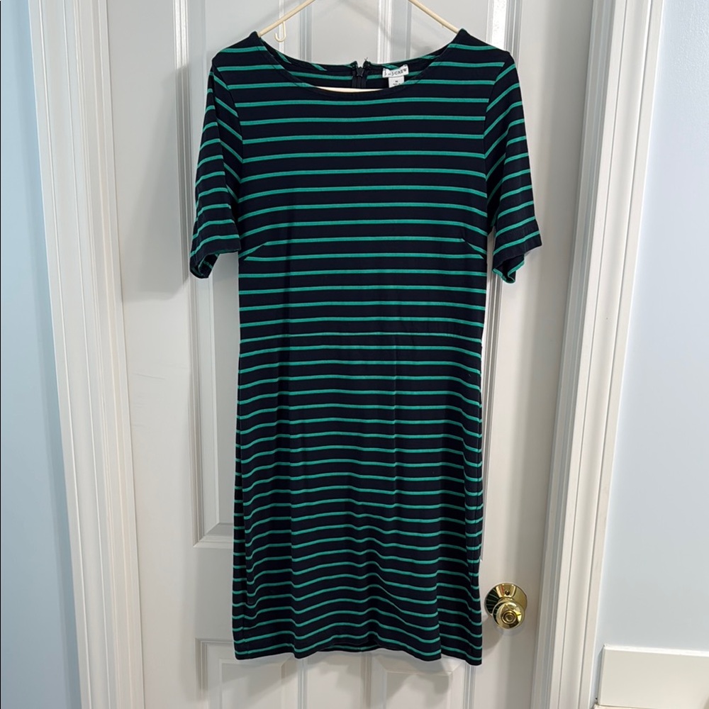 J. Crew Factory - Green/Black Striped Dress - Medium - Darts and Zipper.